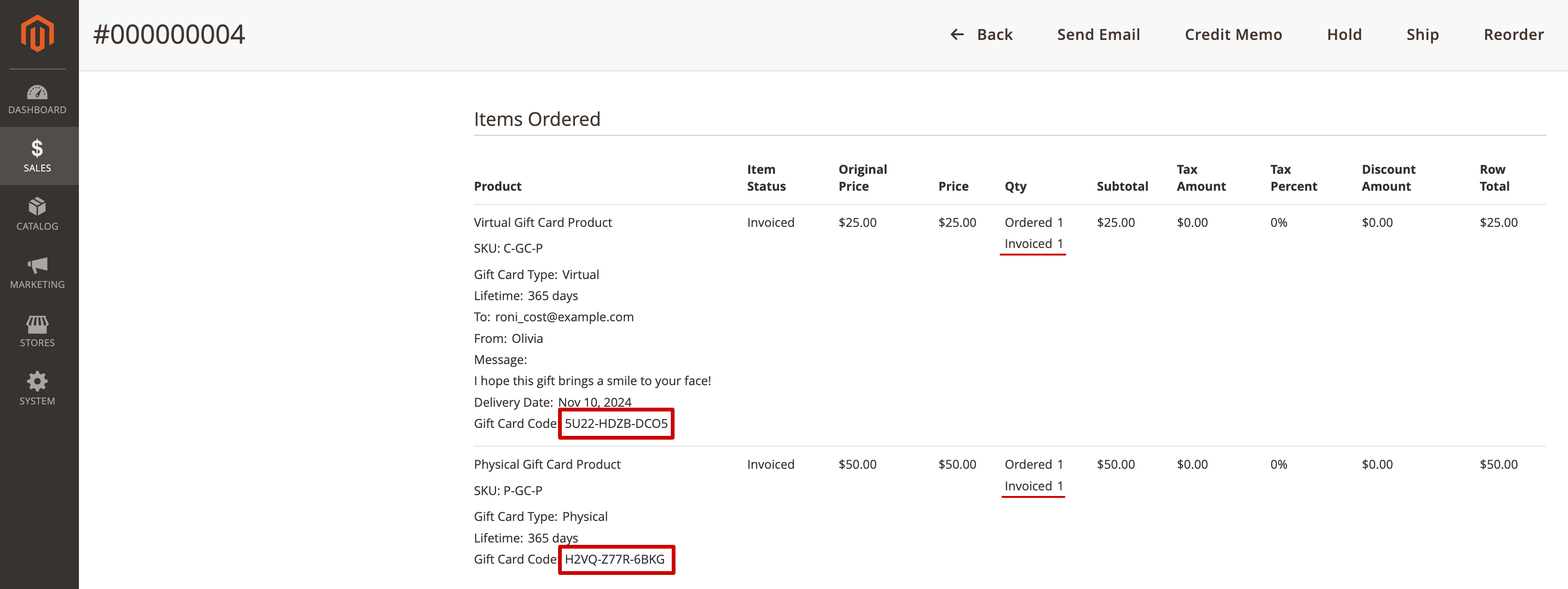 Gift Card Code in Items Ordered